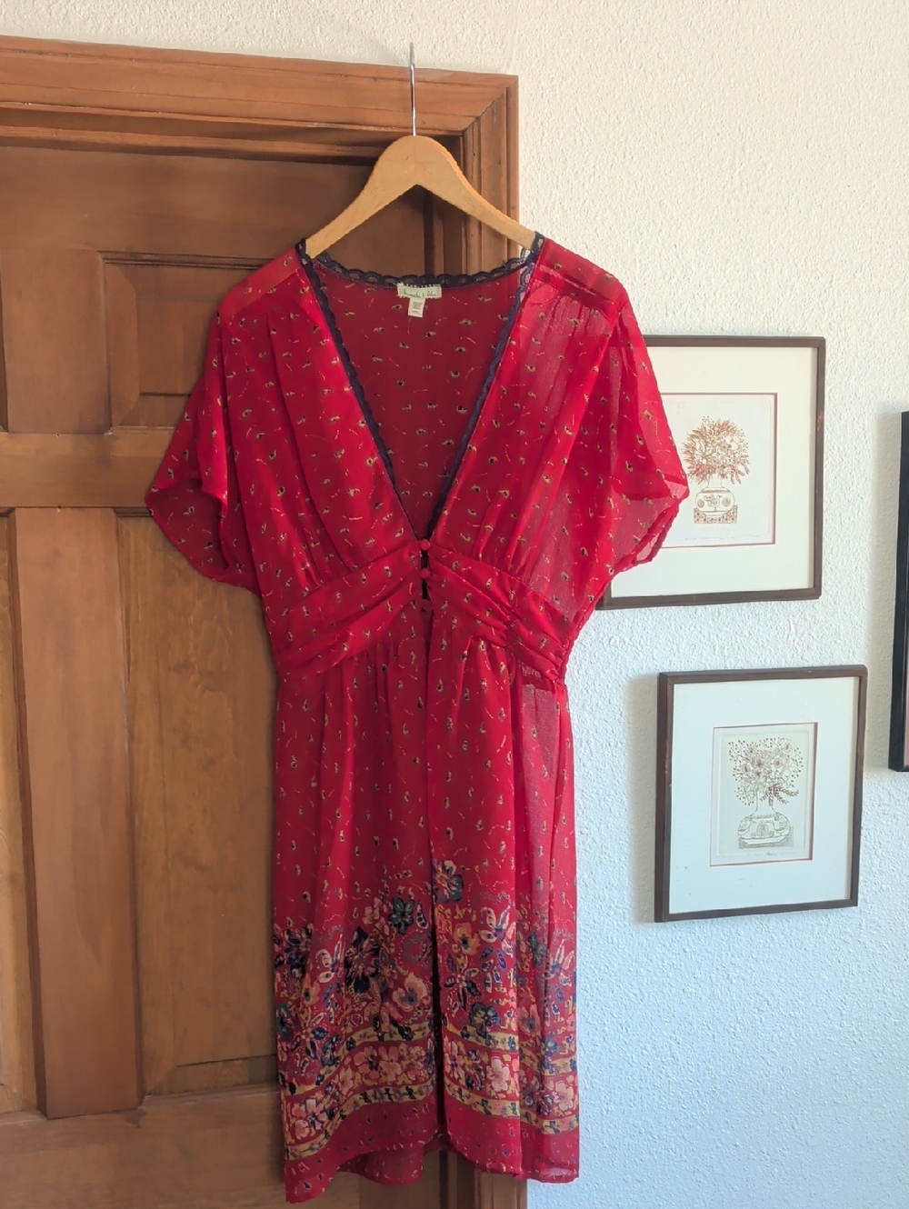 Kimchi Blue Red Floral Border V-Neck Dress